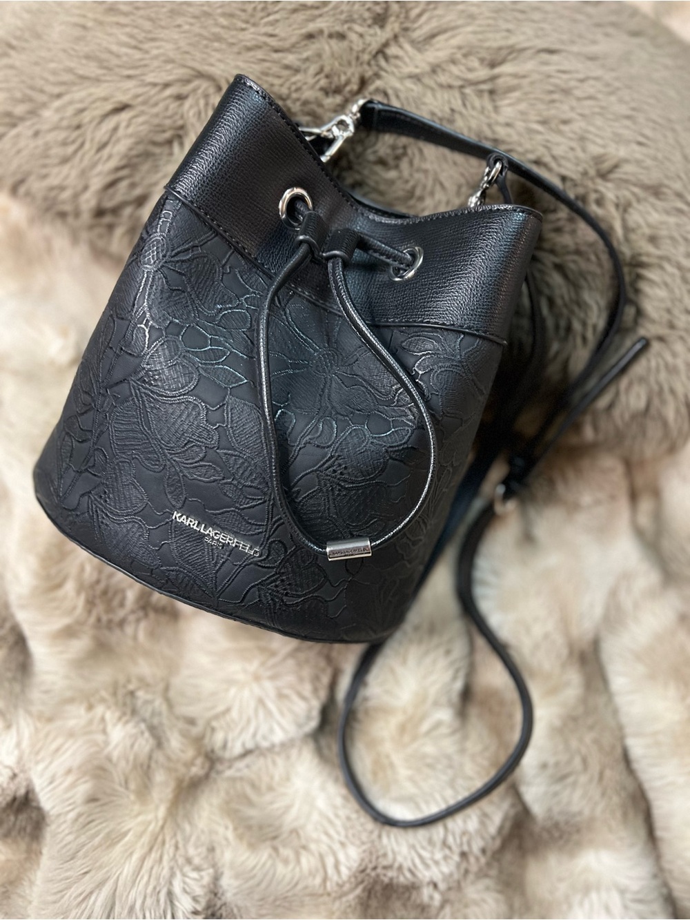 NWOT Karl Lagerfeld Paris Black Lace Embossed Adele Bucket Bag (Retail $198)